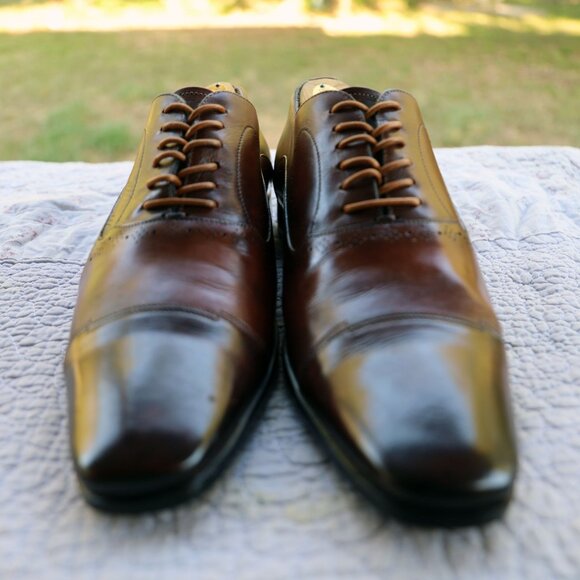 Santoni 9-D Italian Brown Cap Toe Oxford Mens Dress Shoes - Picture 3 of 13